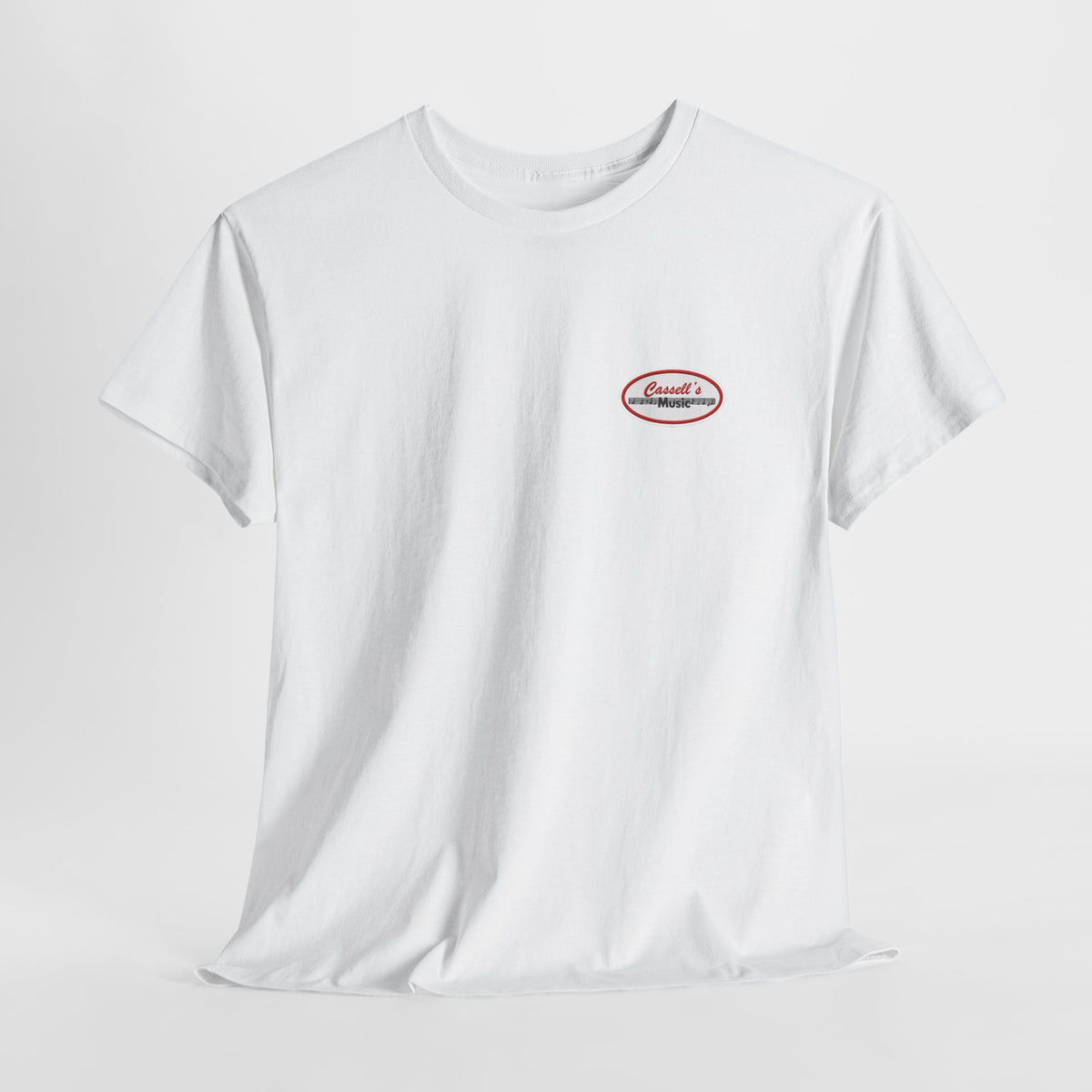 Retro Oval Logo Tee — Small Chest Graphic White T-Shirt