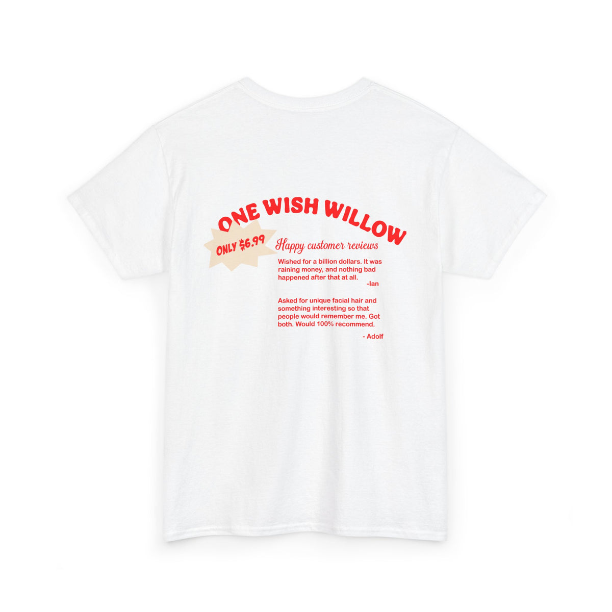 One Wish Willow Graphic Tee — Retro Red Print Chest & Back