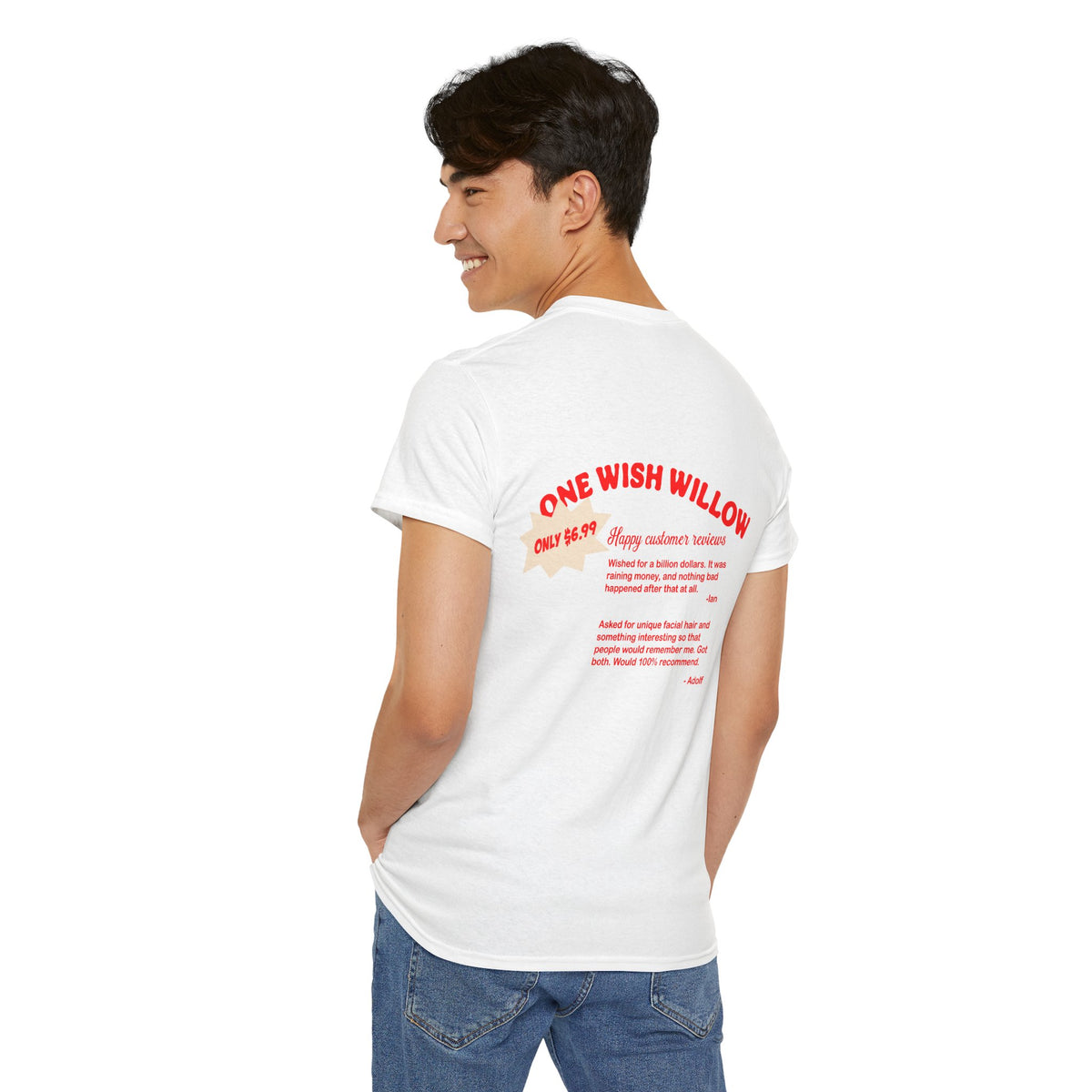 One Wish Willow Graphic Tee — Retro Red Print Chest & Back
