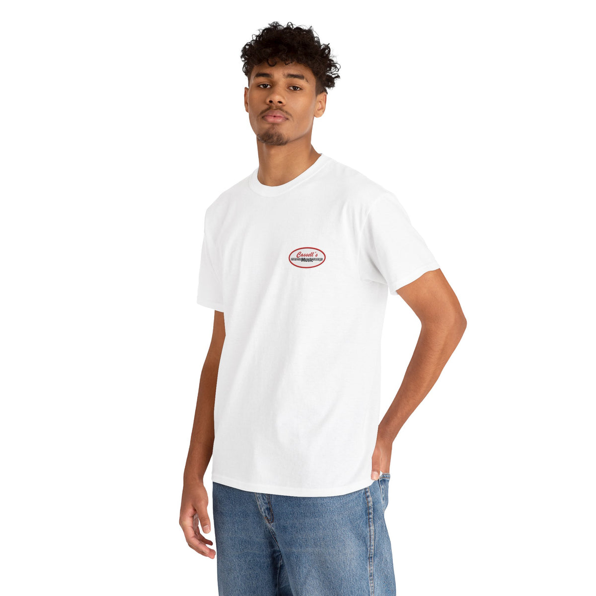 Retro Oval Logo Tee — Small Chest Graphic White T-Shirt